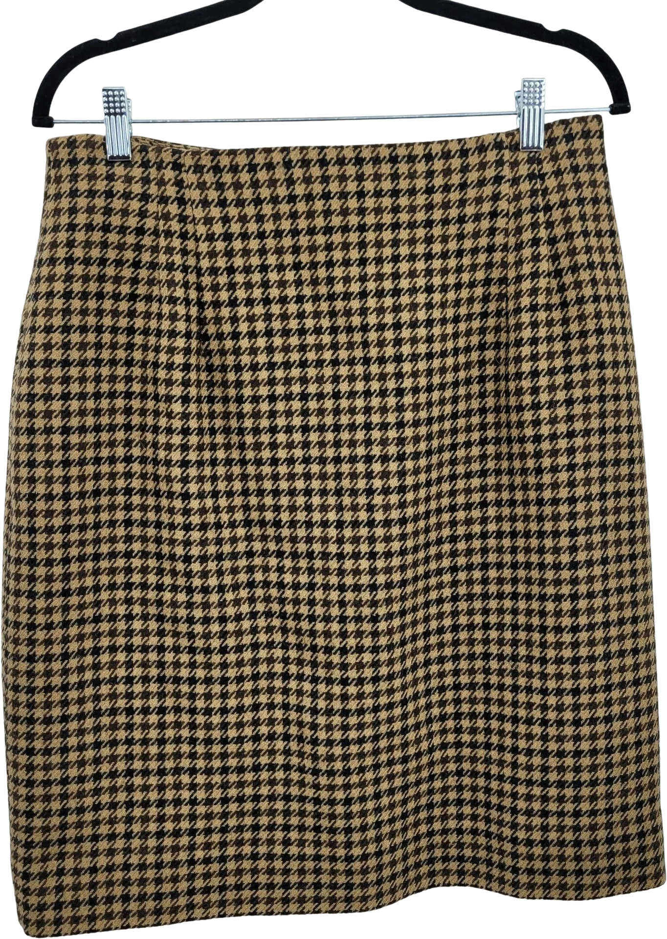 Vintage 80s Skirt Wool Tea Length Straight Houndstooth Plaid Academia Tan M by Jones New York
