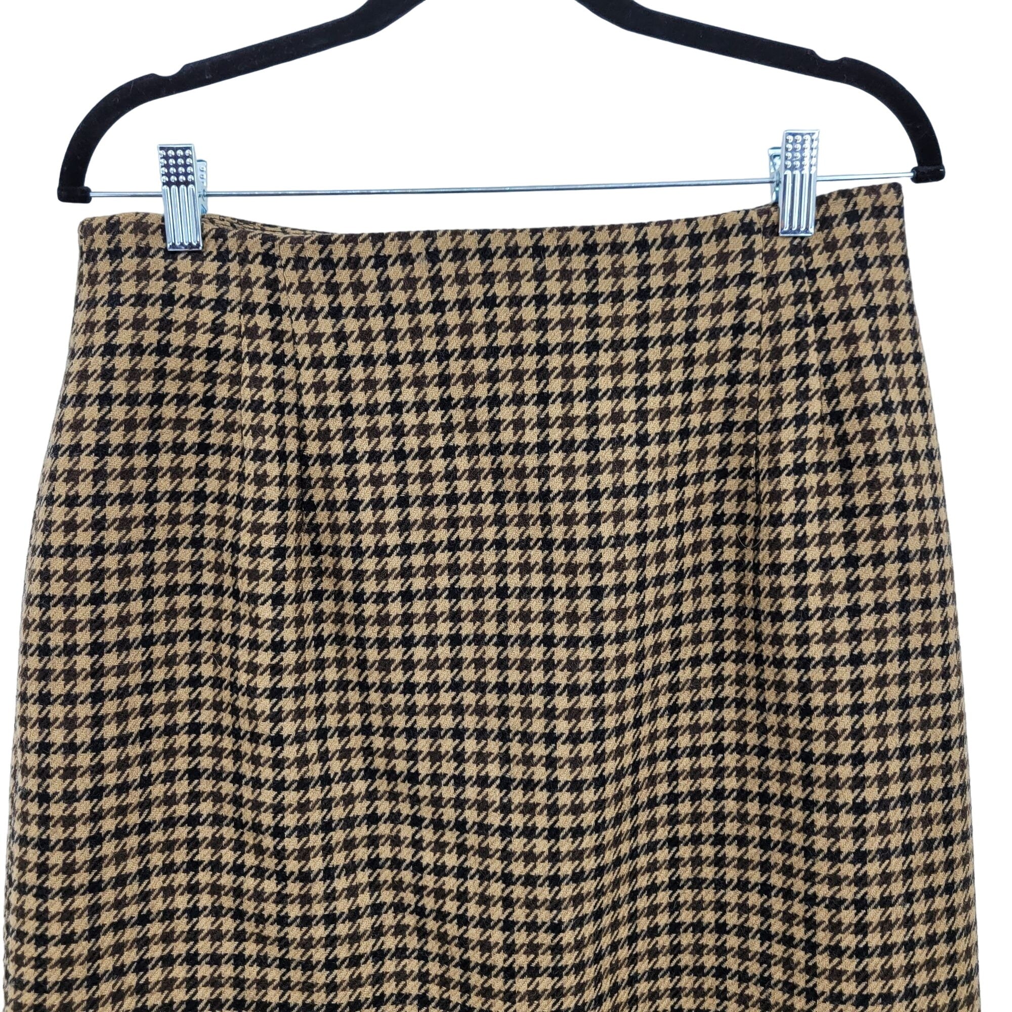 Vintage 80s Skirt Wool Tea Length Straight Houndstooth Plaid Academia Tan M by Jones New York - Image 4