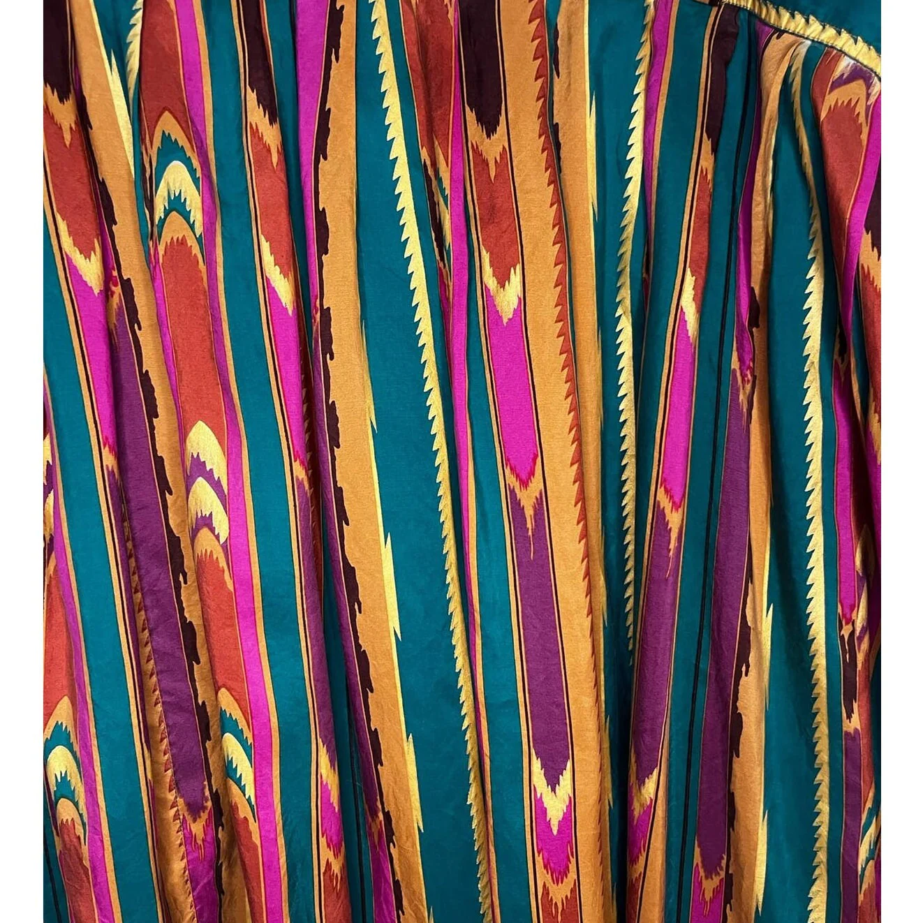 Vintage 80s Southwestern Silk Skirt Gold Teal Tan Fall Large by Diane Gilman - Image 4