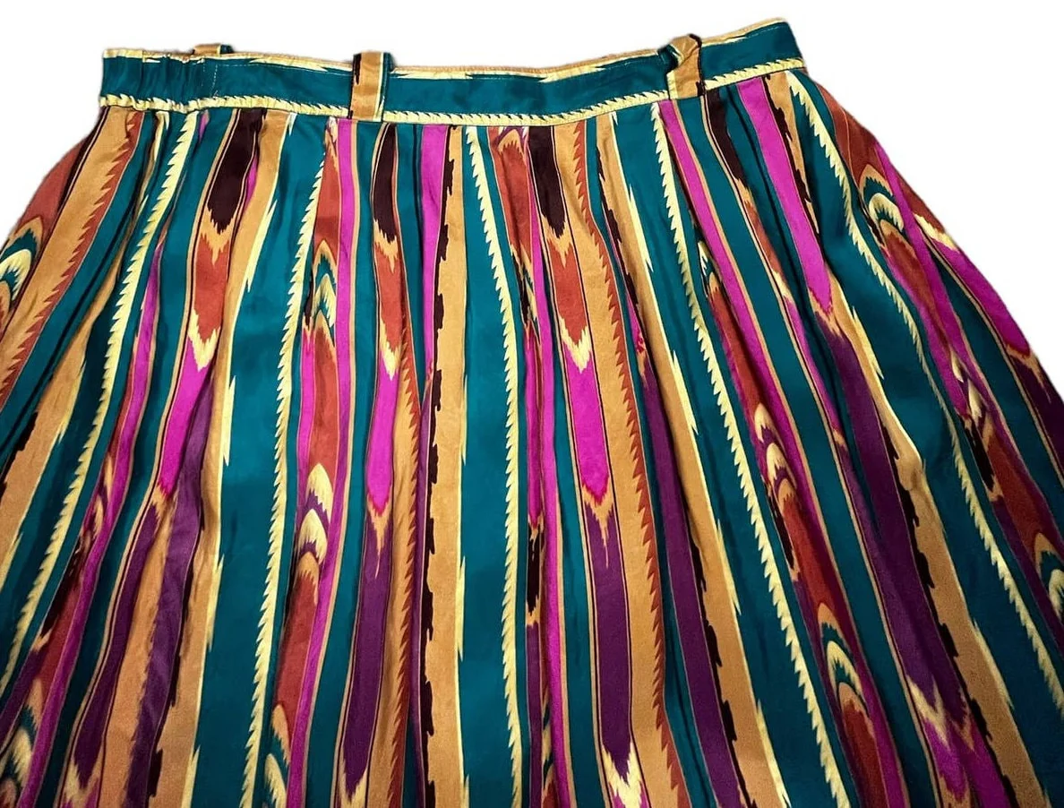 Vintage 80s Southwestern Silk Skirt Gold Teal Tan Fall Large by Diane Gilman - Image 5