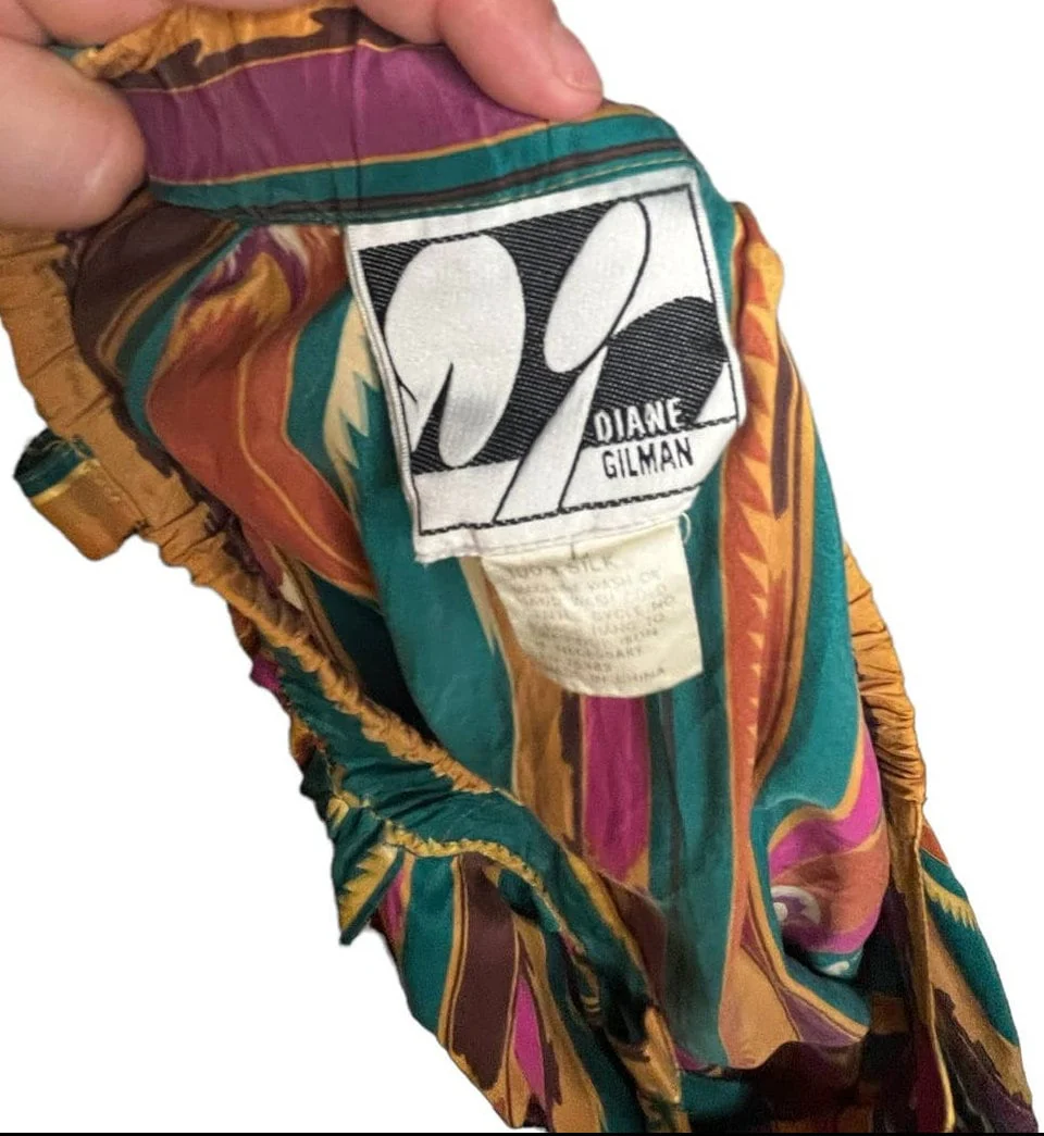 Vintage 80s Southwestern Silk Skirt Gold Teal Tan Fall Large by Diane Gilman - Image 6
