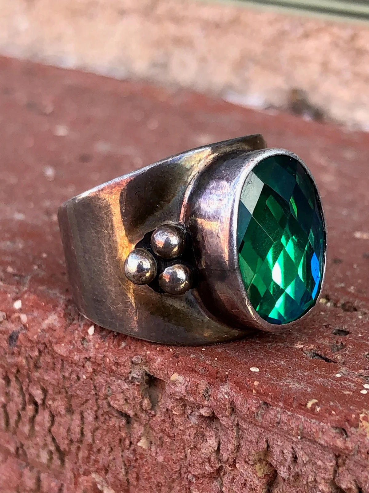 80s Vintage Statement Ring Green Glass Signed P. Bennett Sz 6. 5 By Native - Image 3