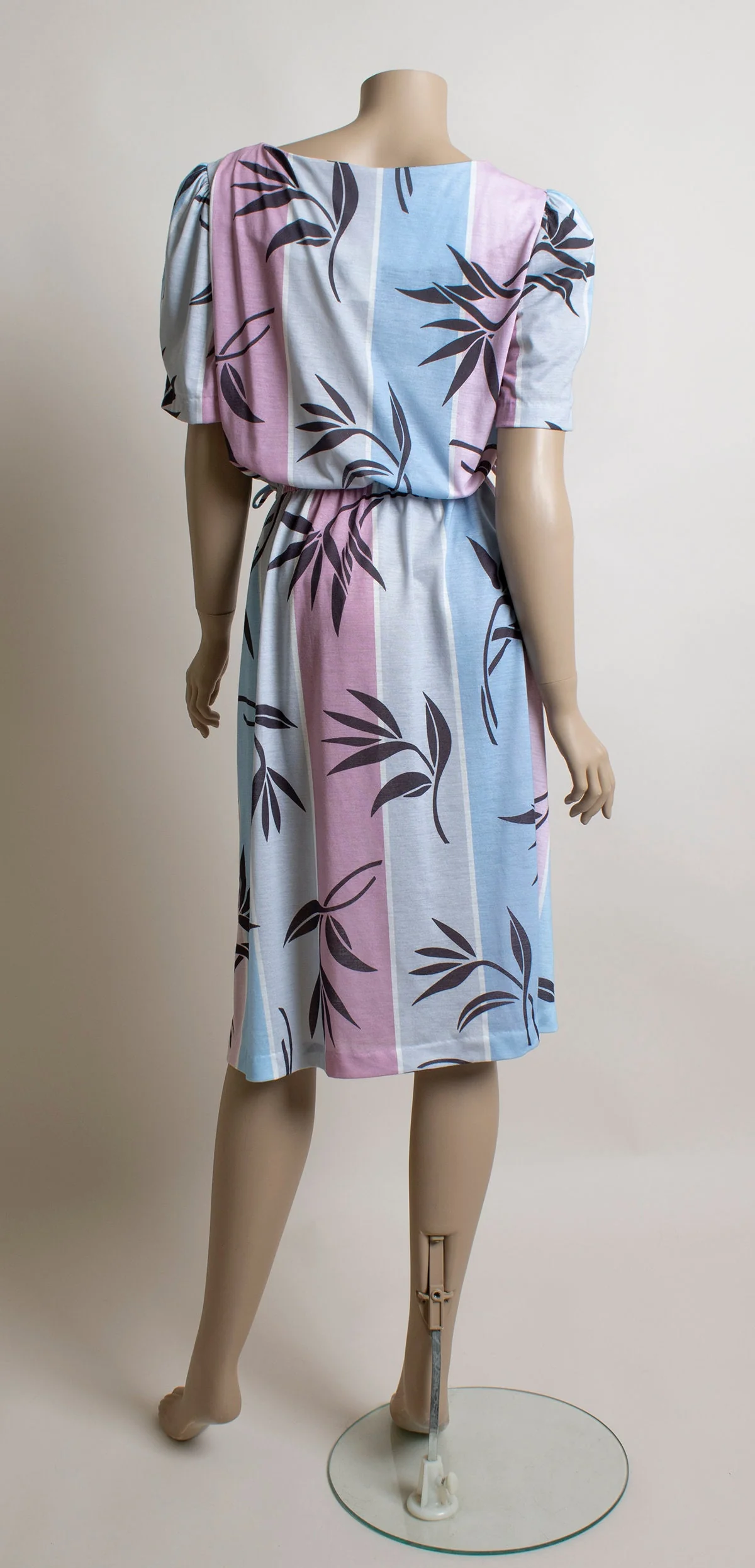 Vintage 80s Striped Dress Puff Sleeve Pastel Lavender Purple and Blue Stripes and Black Flower Print by Doo-dads - Image 2
