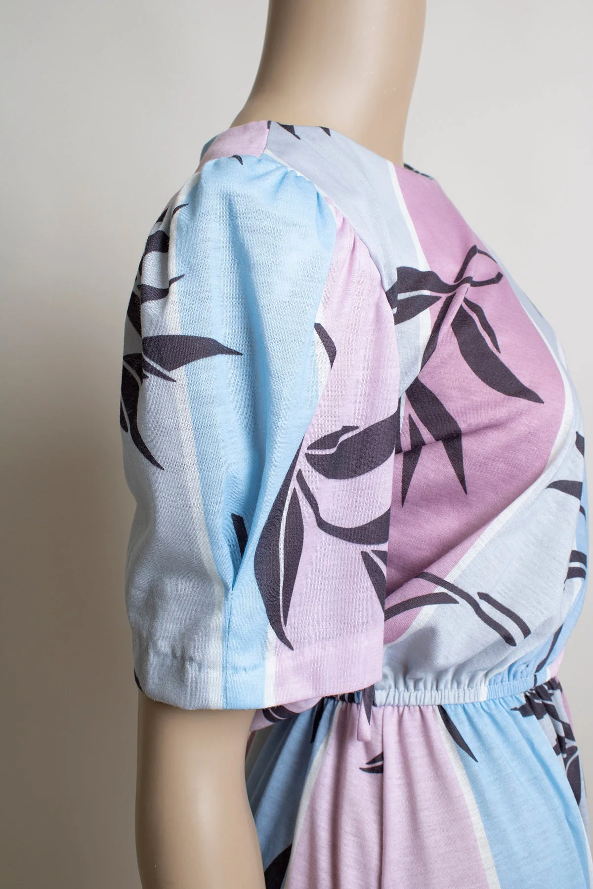 Vintage 80s Striped Dress Puff Sleeve Pastel Lavender Purple and Blue Stripes and Black Flower Print by Doo-dads - Image 3