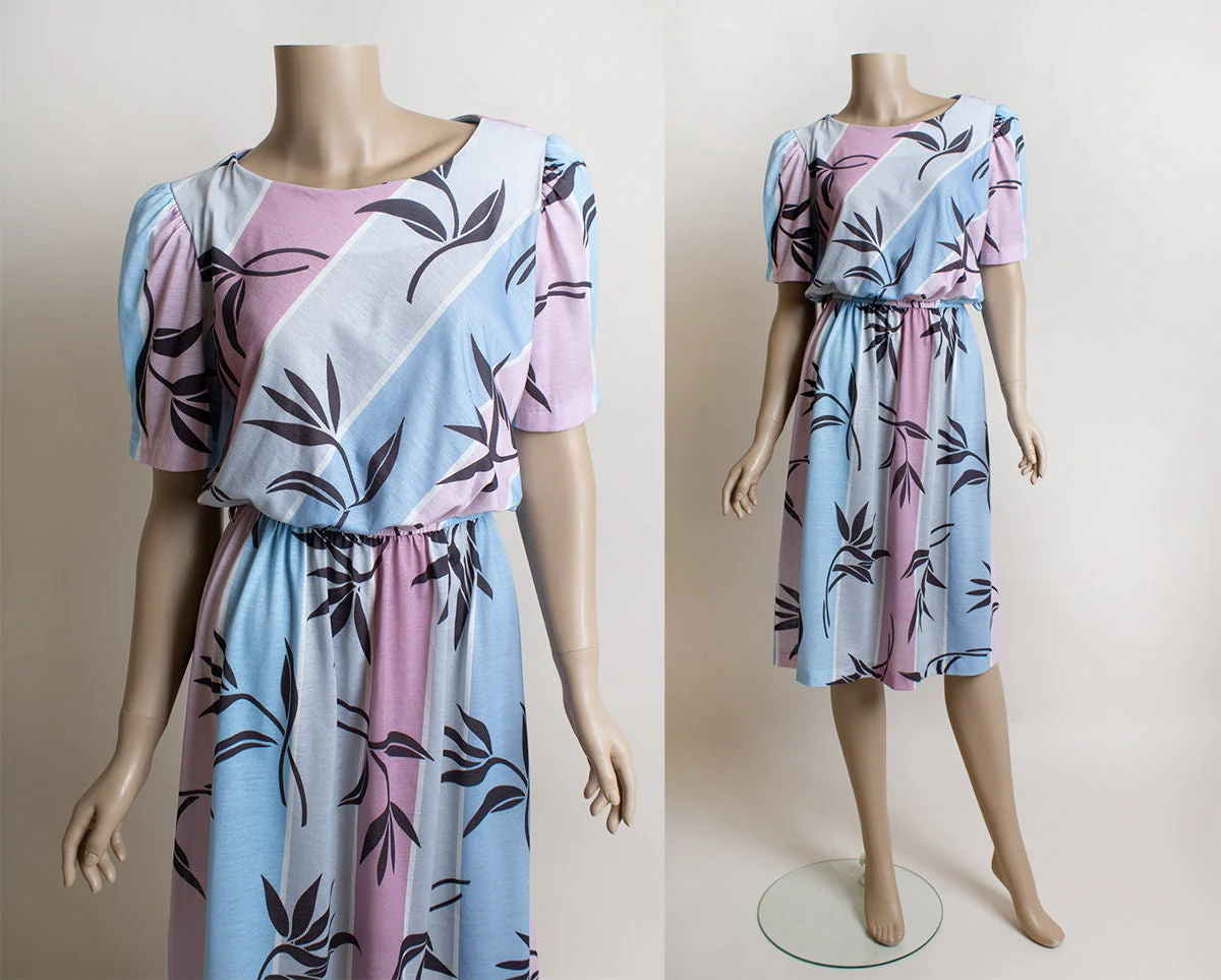 Vintage 80s Striped Dress Puff Sleeve Pastel Lavender Purple and Blue Stripes and Black Flower Print by Doo-dads - Image 4
