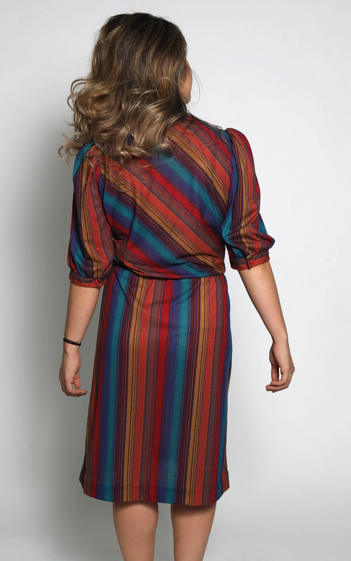 Vintage 80s Striped Dress Puff Sleeves In Warm Autumn Tones Maroon Blue Tan Button Shoulders - Image 5