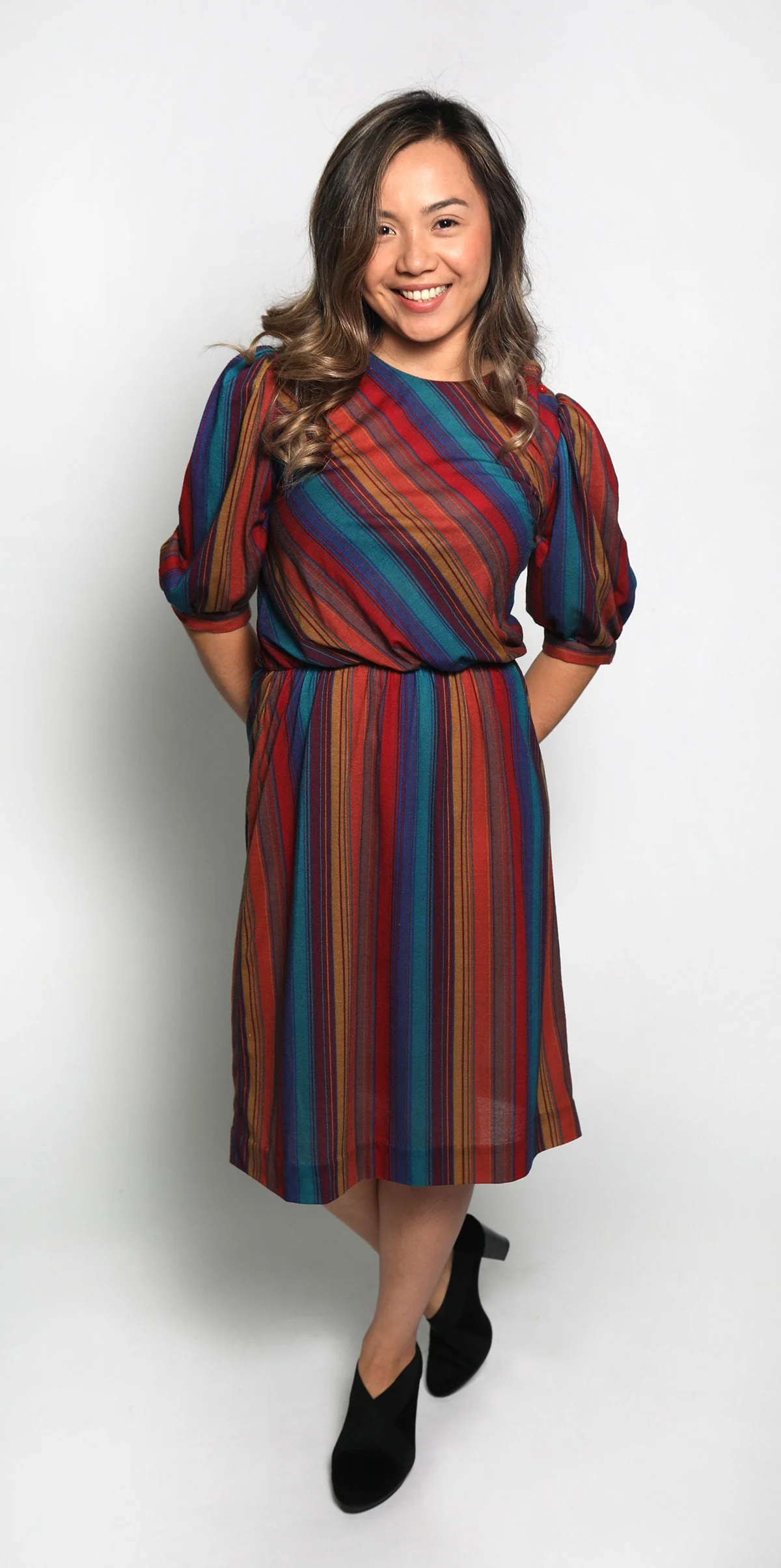 Vintage 80s Striped Dress Puff Sleeves In Warm Autumn Tones Maroon Blue Tan Button Shoulders - Image 8