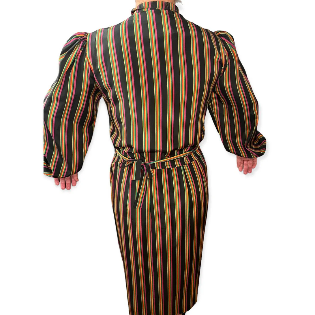 Vintage 80s Stripes Silksational Black Green Dress 12 Med/large by Jack Mulqueen - Image 2