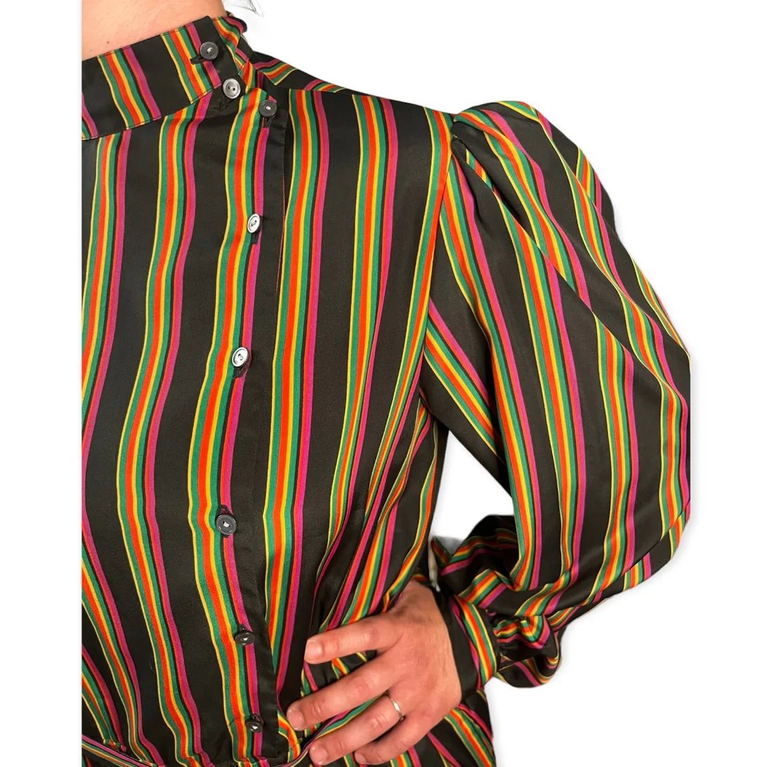 Vintage 80s Stripes Silksational Black Green Dress 12 Med/large by Jack Mulqueen - Image 3