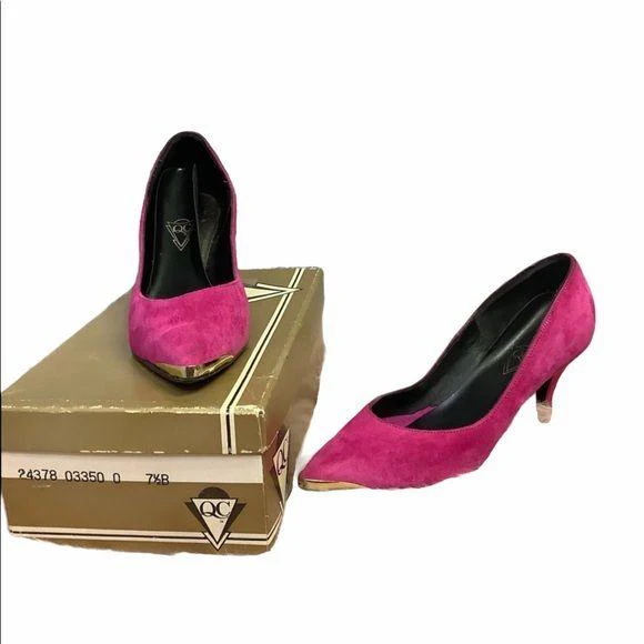 Vintage 80s Suede Hot Pink Metal Pointed Toe Heels by QC - Image 2