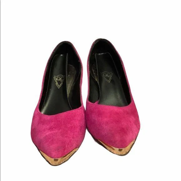 Vintage 80s Suede Hot Pink Metal Pointed Toe Heels by QC - Image 3