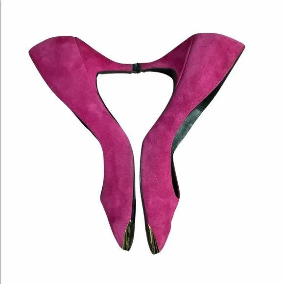 Vintage 80s Suede Hot Pink Metal Pointed Toe Heels by QC - Image 5