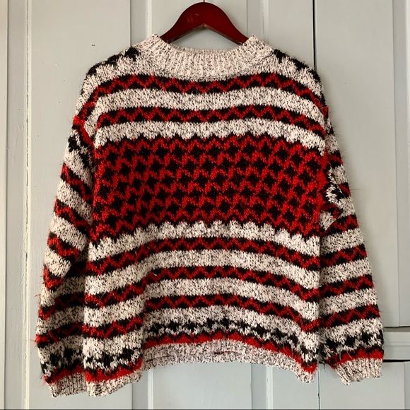 Vintage 80s T Q Oversized Striped Ski Sweater Geometric Knit Red Black White - Image 8