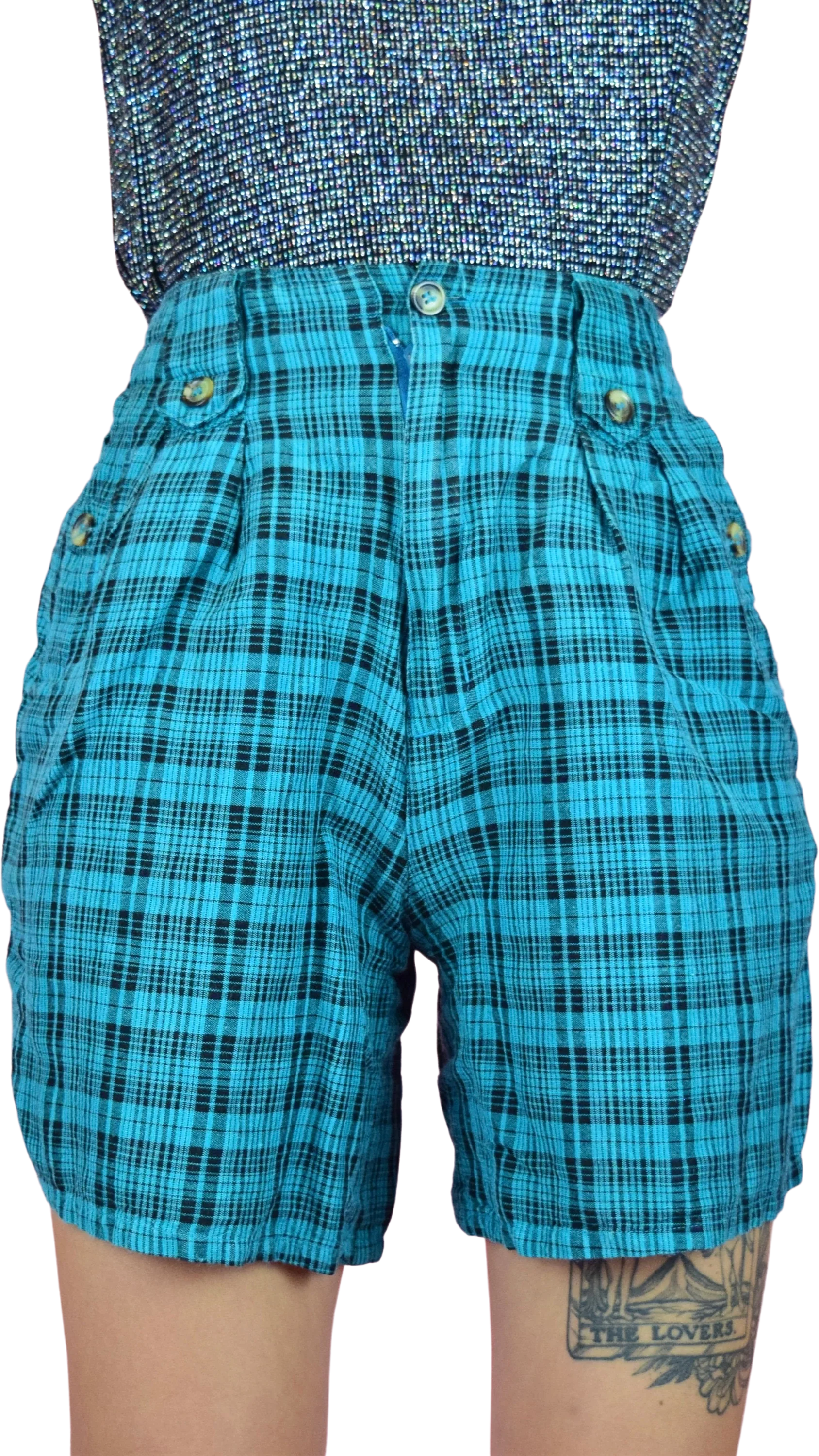 Vintage 80s Teal Blue Green Black Plaid High Waisted Shorts by Bon Magique