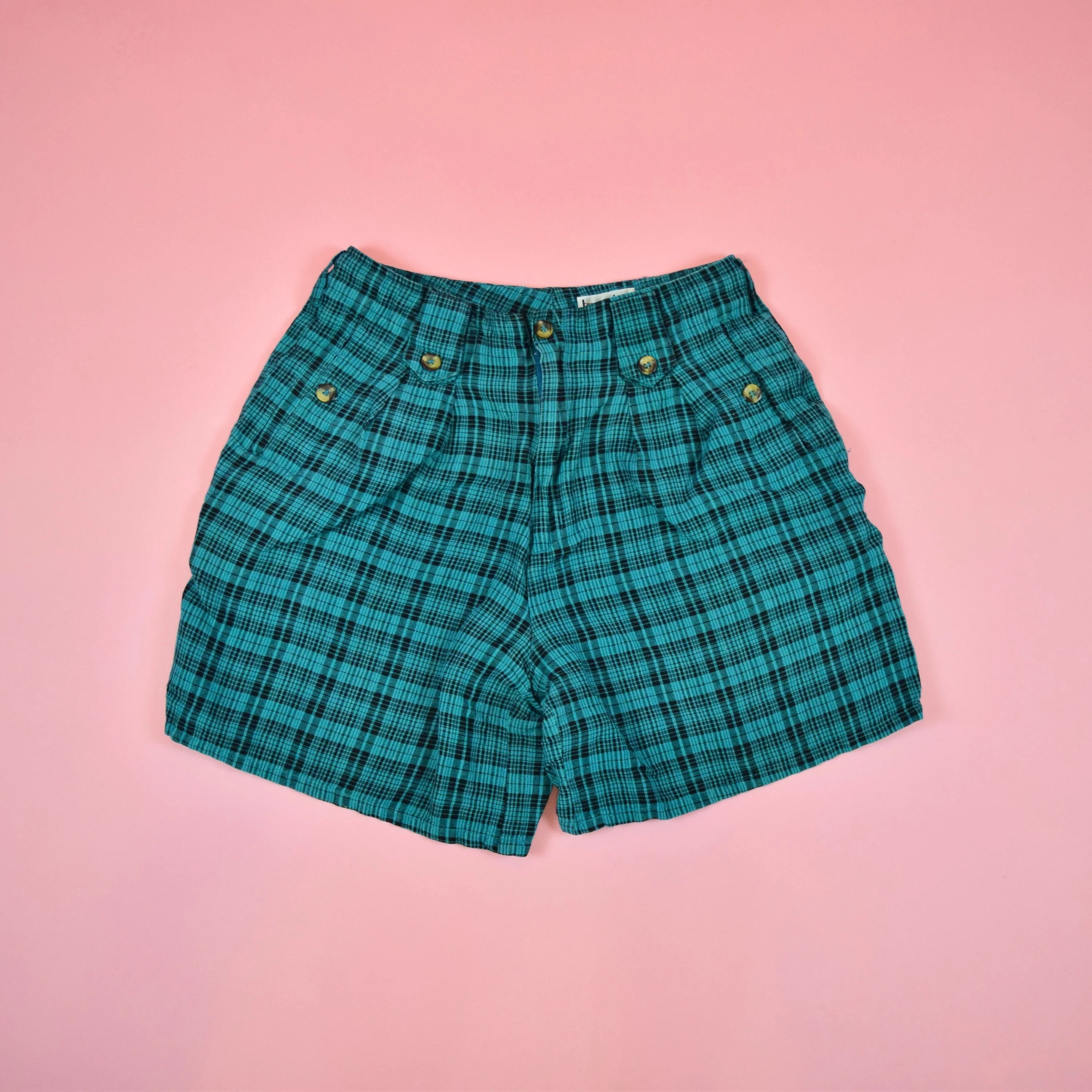 Vintage 80s Teal Blue Green Black Plaid High Waisted Shorts by Bon Magique - Image 4