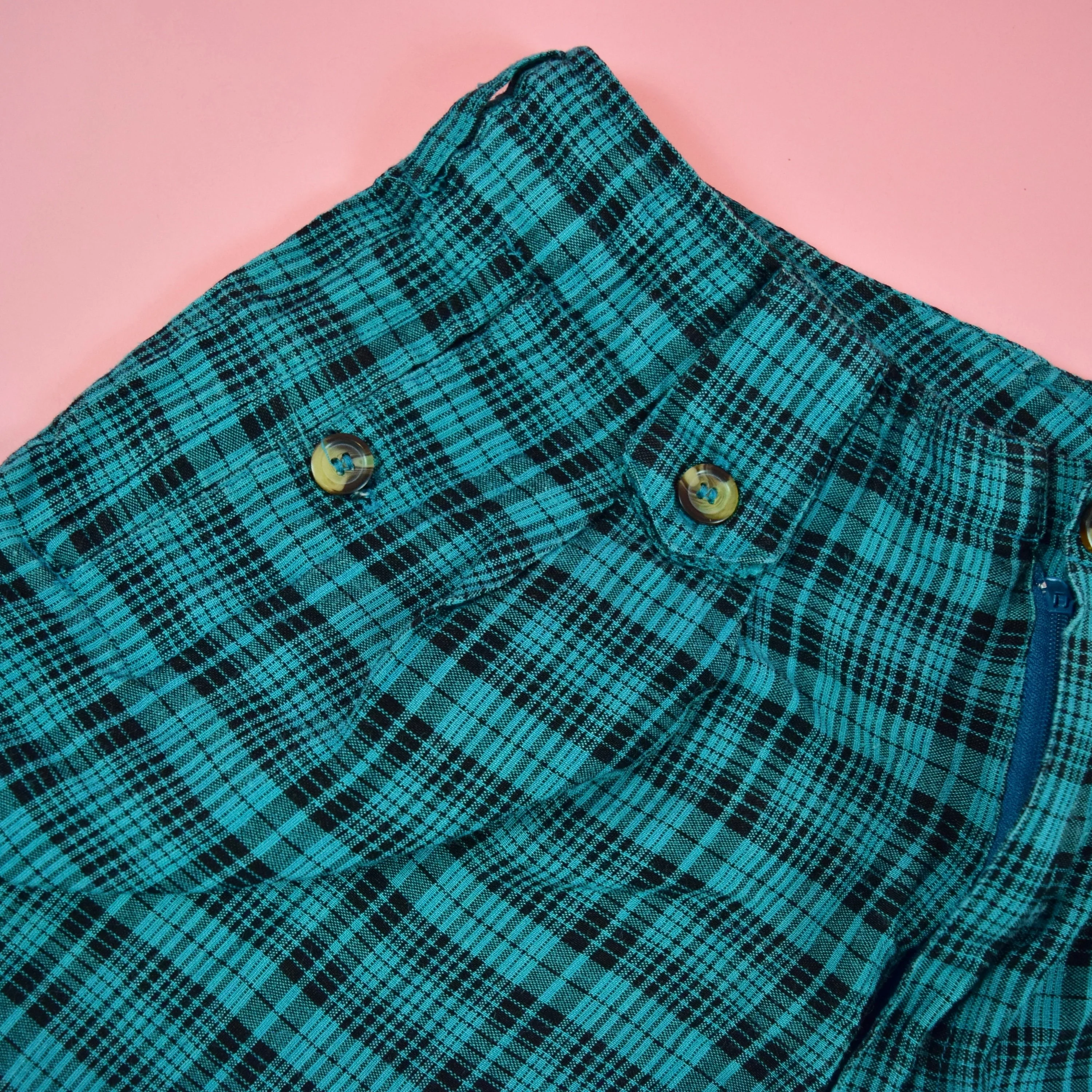 Vintage 80s Teal Blue Green Black Plaid High Waisted Shorts by Bon Magique - Image 8