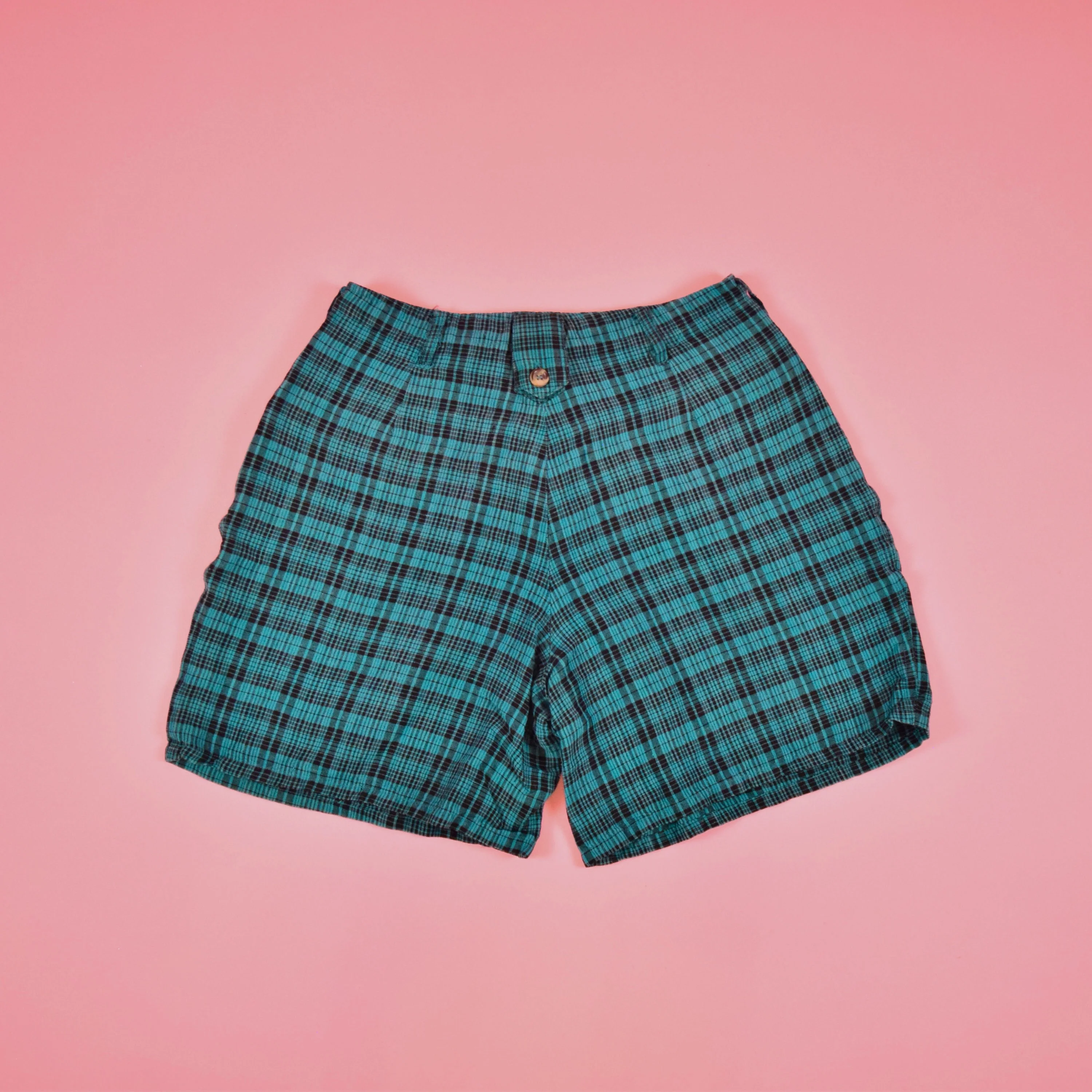 Vintage 80s Teal Blue Green Black Plaid High Waisted Shorts by Bon Magique - Image 9