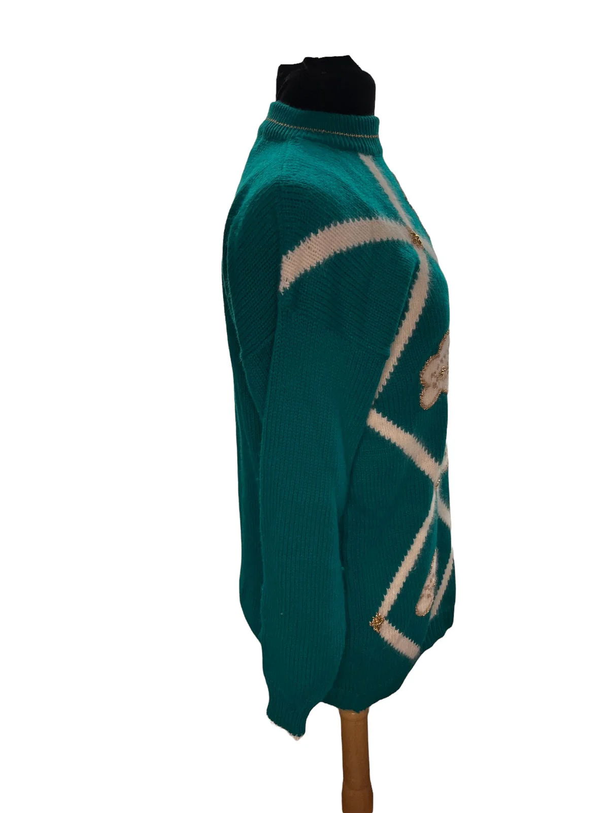 Vintage 80s Teal Green Gold Angora Wool Floral Grandma Sweater Med by Dana Scott - Image 3