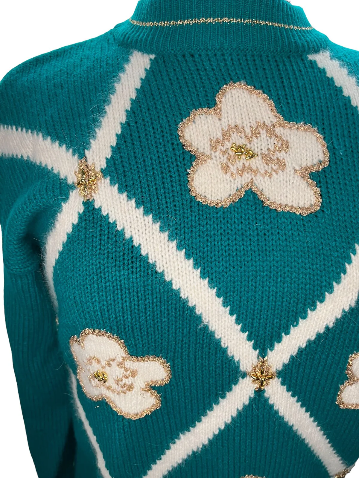 Vintage 80s Teal Green Gold Angora Wool Floral Grandma Sweater Med by Dana Scott - Image 4