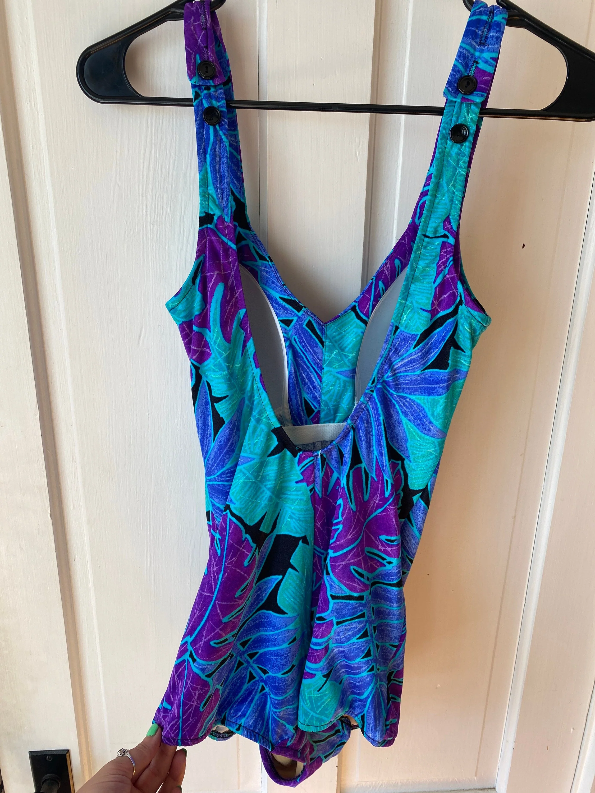 Vintage 80s Teal Purple Black Leaf Pattern One Piece Button Strap Swimsuit Swimwear Size 12 Medium by Maxine of Hollywood - Image 3
