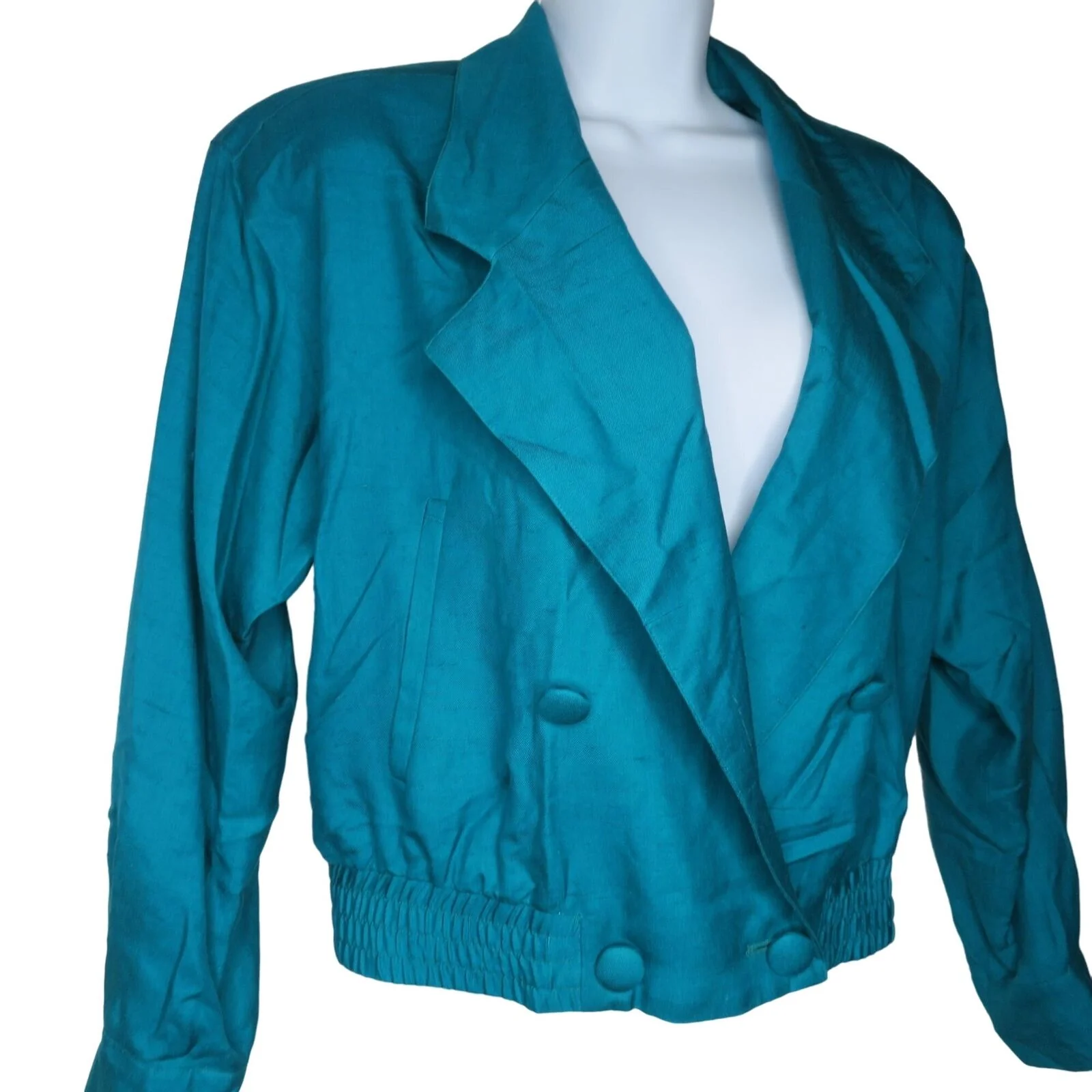 Vintage 80s Teal Silk Crop Double Breasted Jacket 4p Elastic Pockets by Evan-Picone - Image 6
