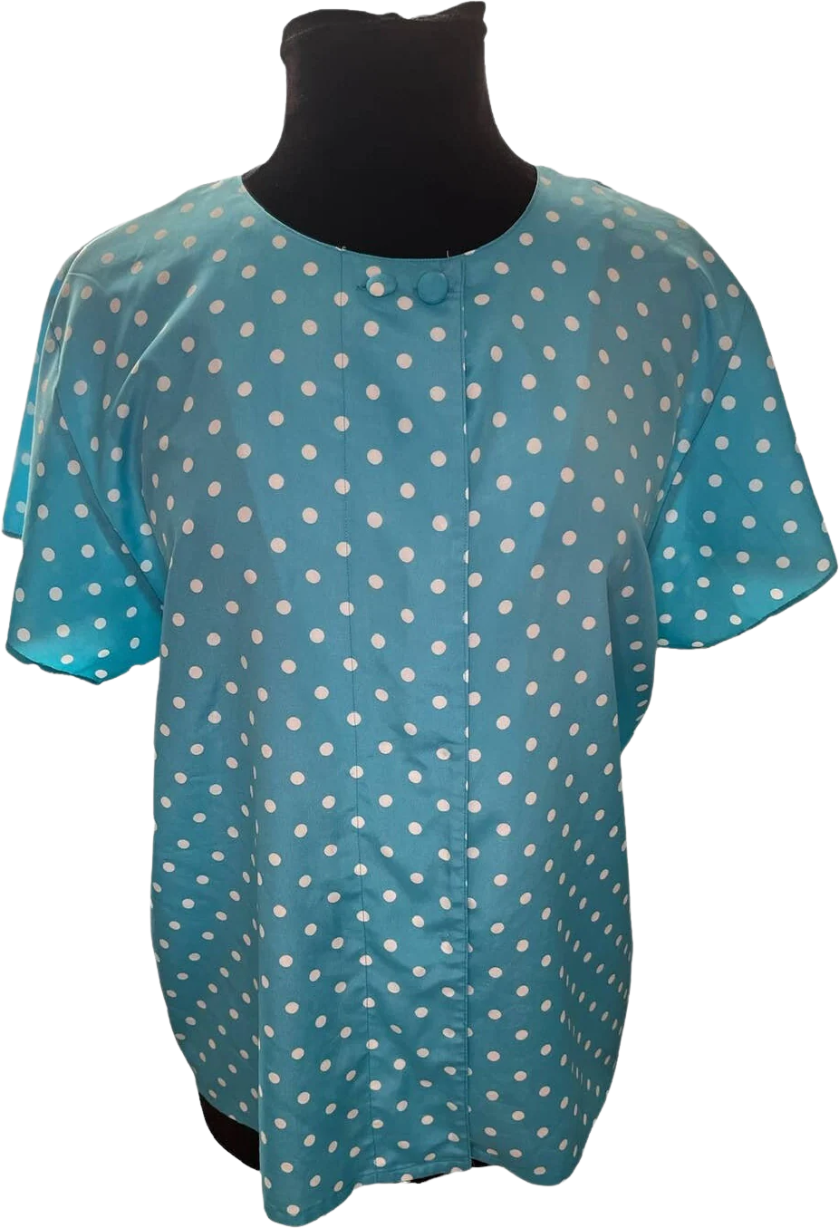 Vintage 80s Teal White Polka Dot Short Sleeve Blouse Snaps Shirt Xl 14 by Oscar De La Renta