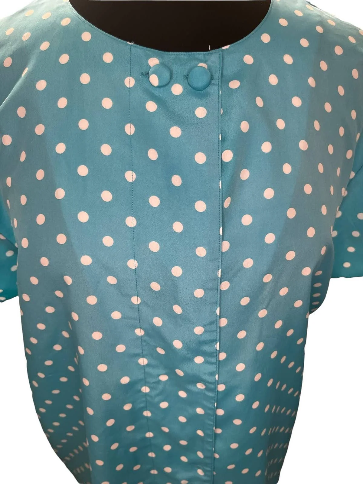 Vintage 80s Teal White Polka Dot Short Sleeve Blouse Snaps Shirt Xl 14 by Oscar De La Renta - Image 3