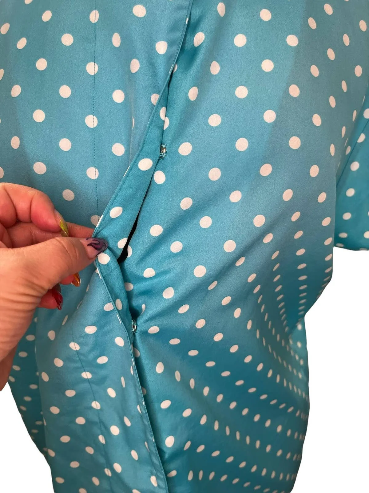 Vintage 80s Teal White Polka Dot Short Sleeve Blouse Snaps Shirt Xl 14 by Oscar De La Renta - Image 4