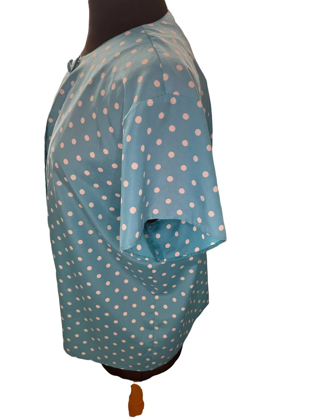 Vintage 80s Teal White Polka Dot Short Sleeve Blouse Snaps Shirt Xl 14 by Oscar De La Renta - Image 5