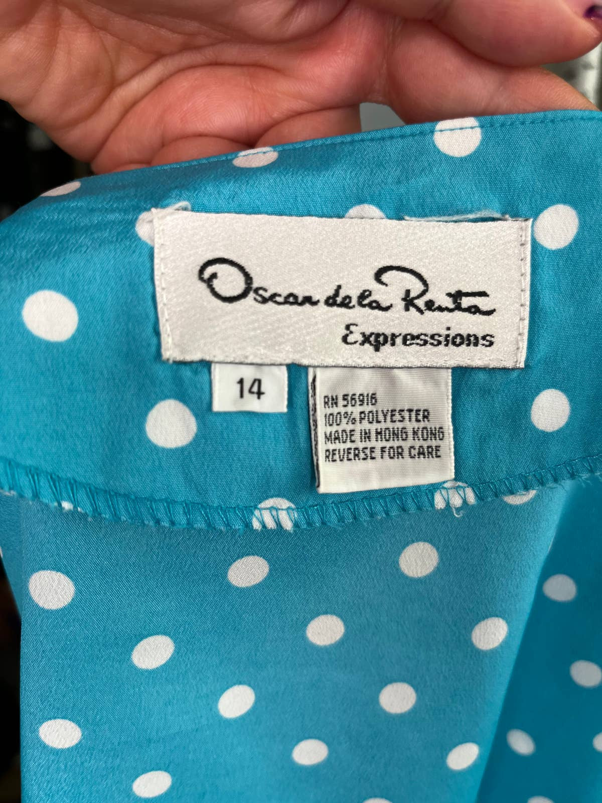 Vintage 80s Teal White Polka Dot Short Sleeve Blouse Snaps Shirt Xl 14 by Oscar De La Renta - Image 6
