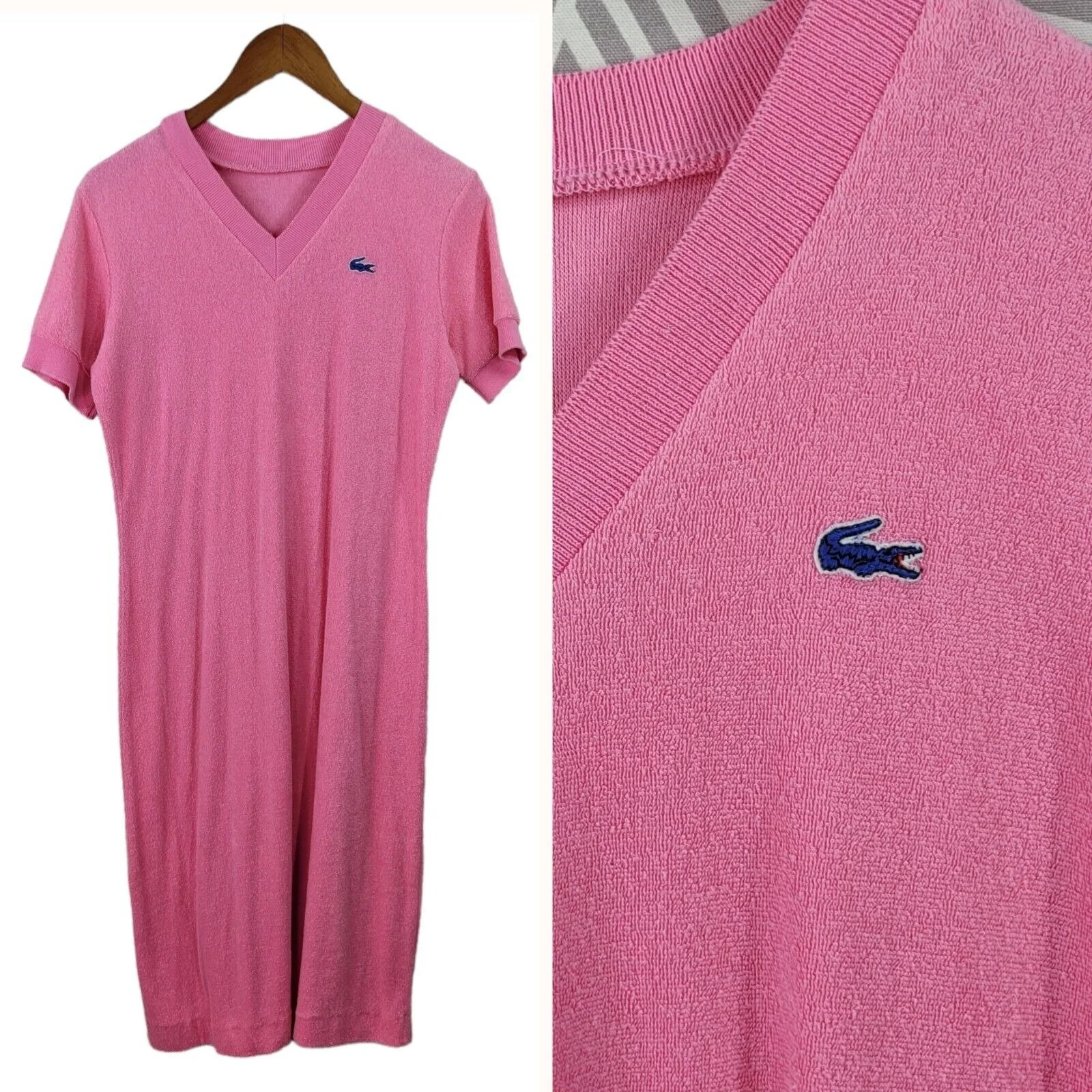 Vintage 80s Terrycloth Dress Size Medium Large Pink Midi Swim Cover Up by Lacoste - Image 3