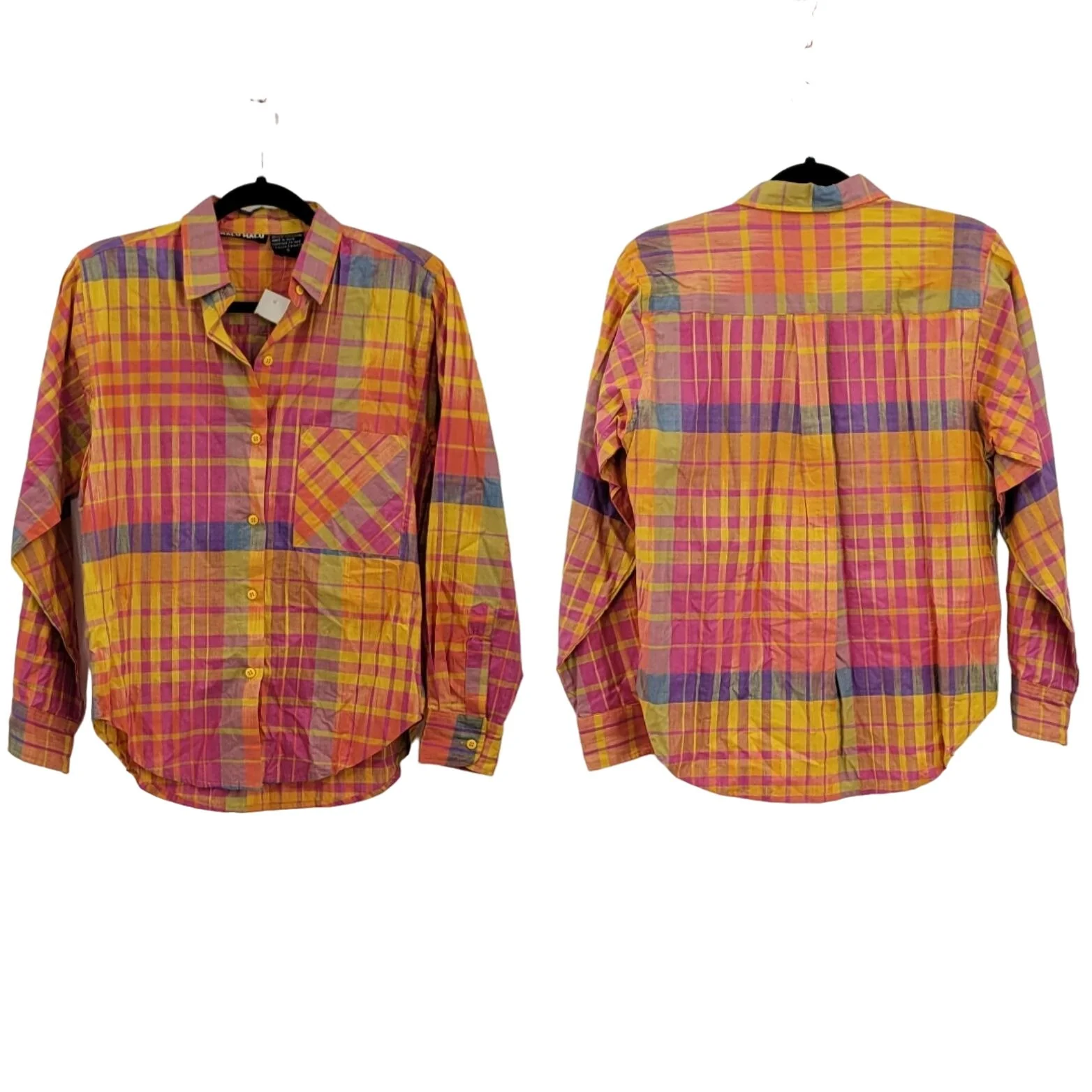 Vintage 80s Top Blouse Collar Button Down Cotton Neon Dopamine Plaid S by Malu Malu - Image 2