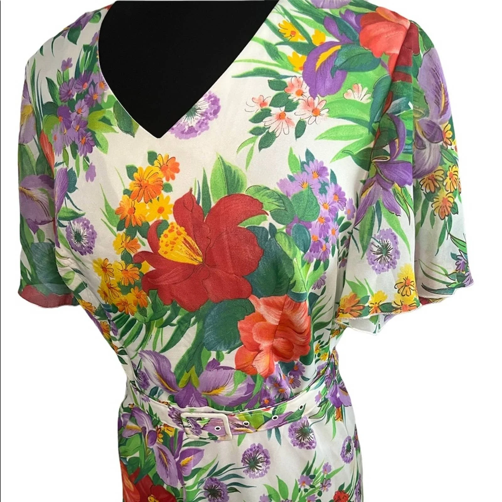 Vintage 80s Tropical Maxi Dress Hawaiian White Red Green Yellow Floral Medium by Mka Modell - Image 4