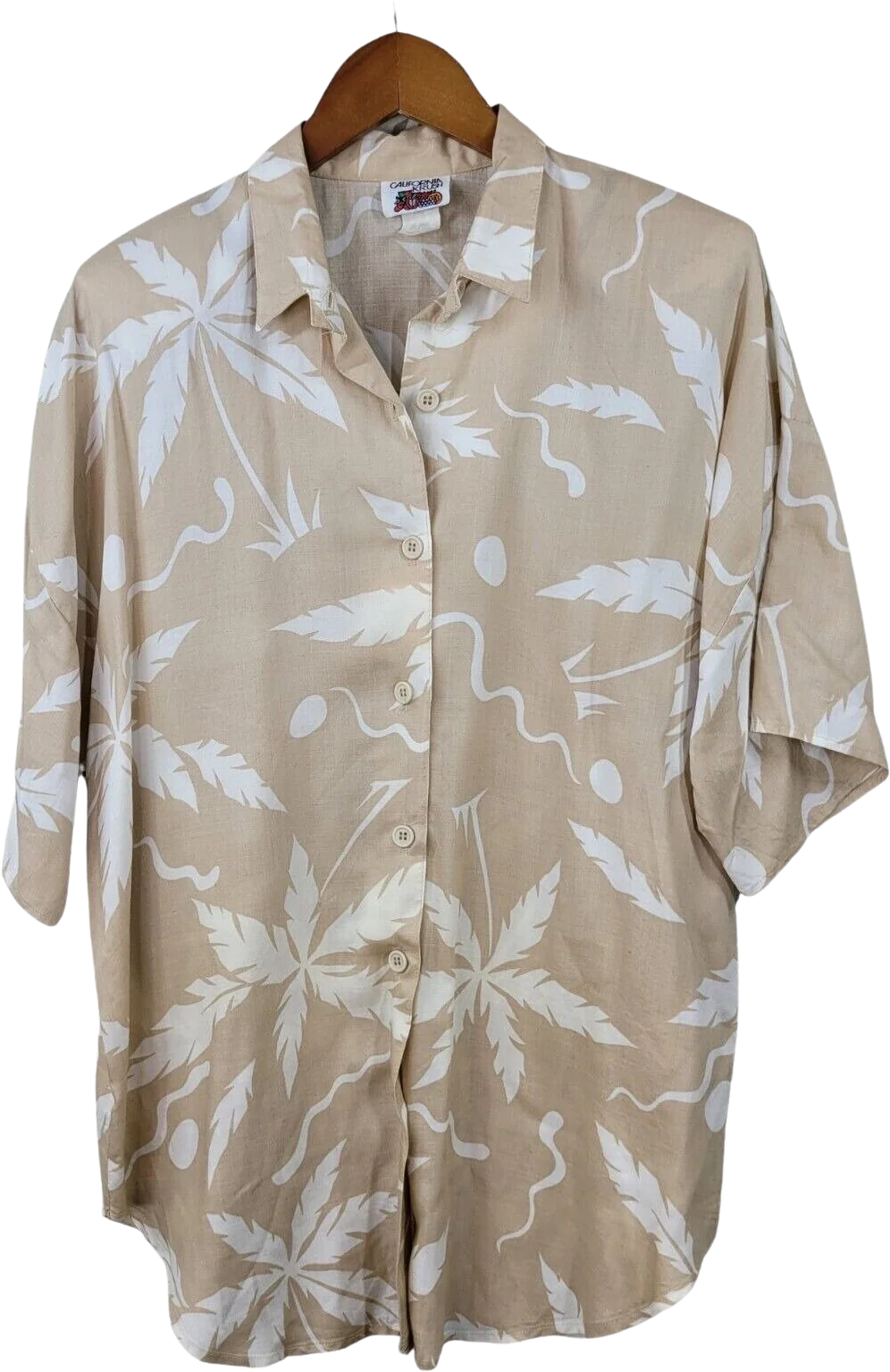 Vintage 80s Tropical Top Size Large Button Up Shirt Blouse Tan Womens