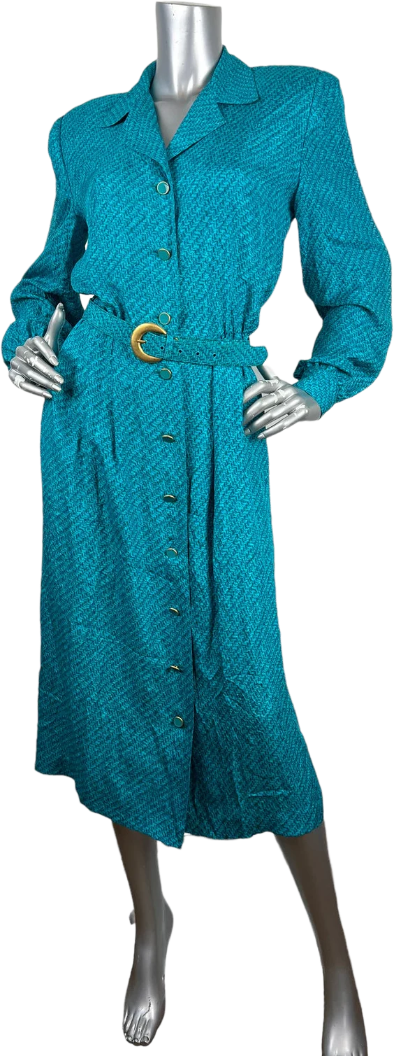Vintage 80s Turquoise Silk Belted Long Sleeve Midi Secretary Dress Pockets Sz 10 by Anne Crimmins