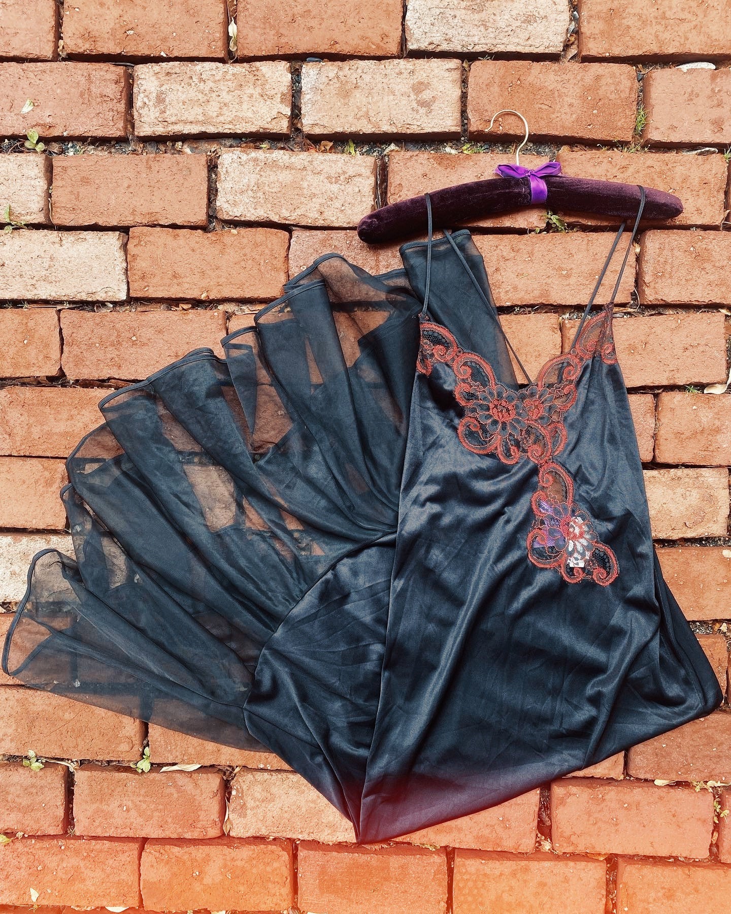 Vintage 80s Undercover Wear Black Red Lace Gown Slip Dress Size Small Medium - Image 2