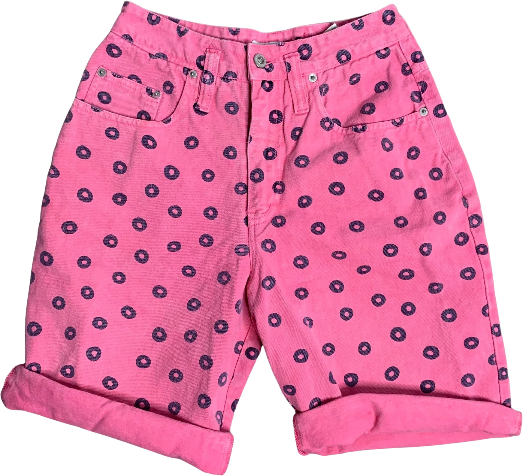 Vintage 80s Union Bay Denim Bermuda Shorts Pink Dots High Waisted 5 Pocket by Union Bay