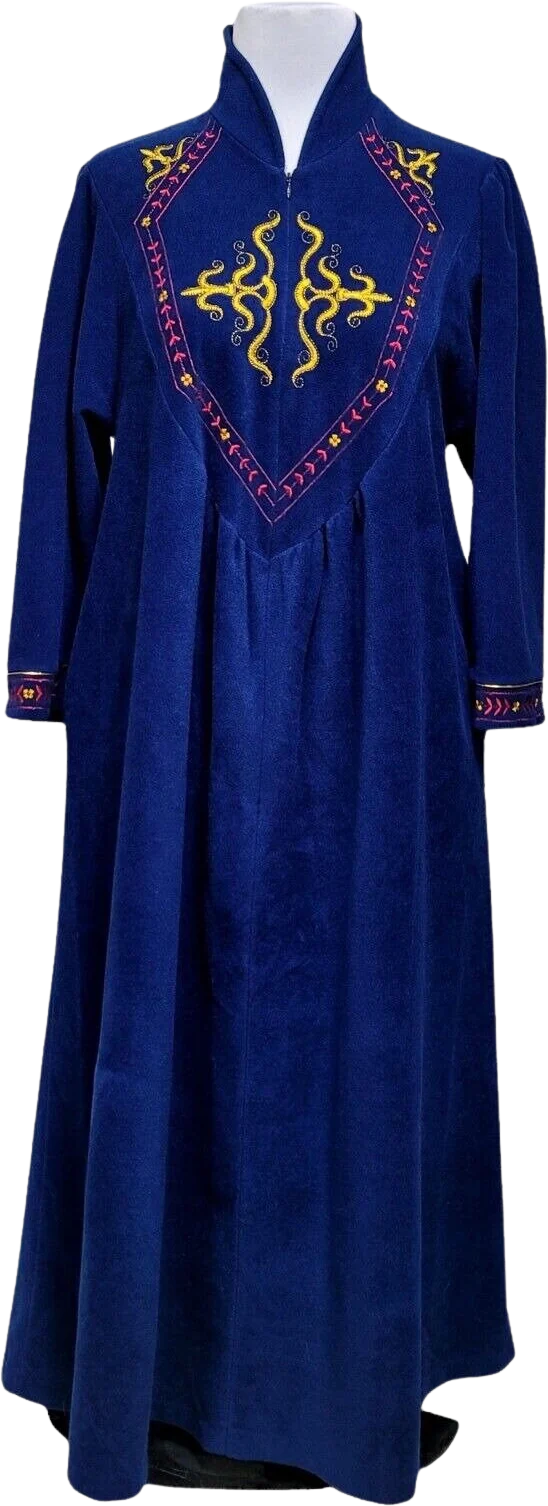 80s Blue Embroidered Fleece Winter Housecoat Robe By Vanity Fair