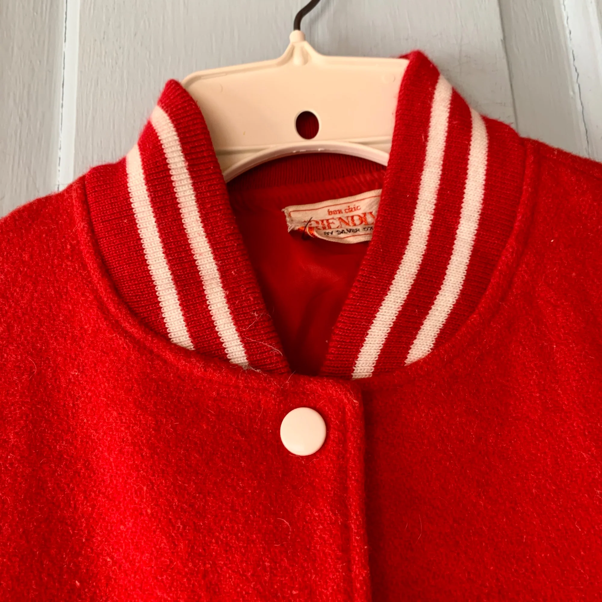 Vintage 80s Varsity Bomber Jacket Small Wool Bon Chic Friendly Ii Silver Ox Red by Bon Chic - Image 3