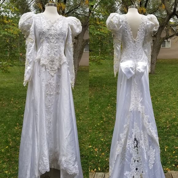 Vintage 80s Wedding Dress Gown Victorian Edwardian Beads Sequins Lace - Image 12