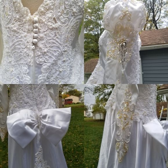 Vintage 80s Wedding Dress Gown Victorian Edwardian Beads Sequins Lace - Image 4