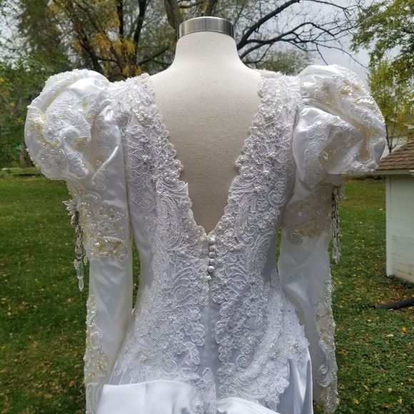 Vintage 80s Wedding Dress Gown Victorian Edwardian Beads Sequins Lace - Image 5