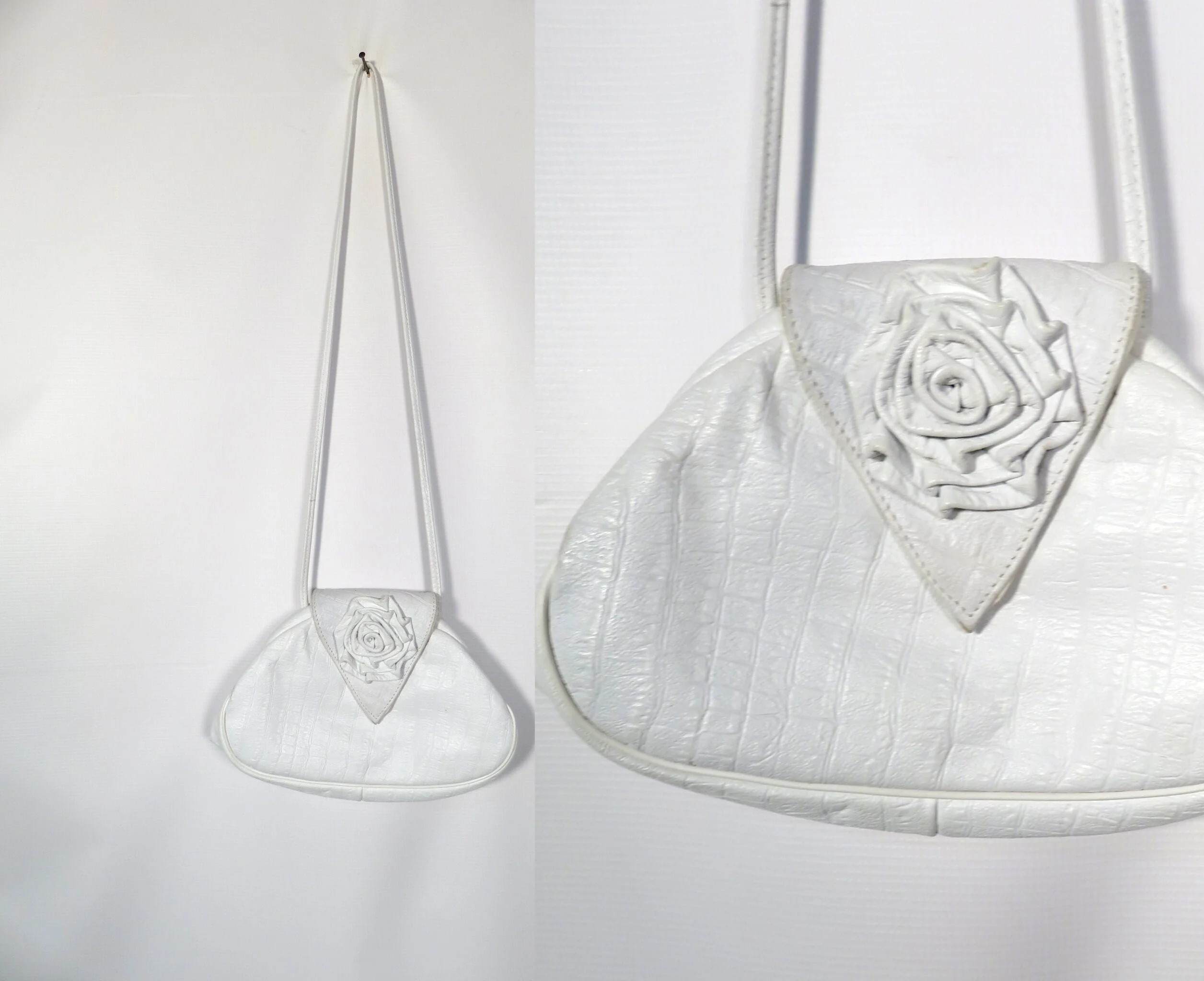 Vintage 80s White Leather Crossbody Purse with Rose Detail and Hinge Opening - Image 2