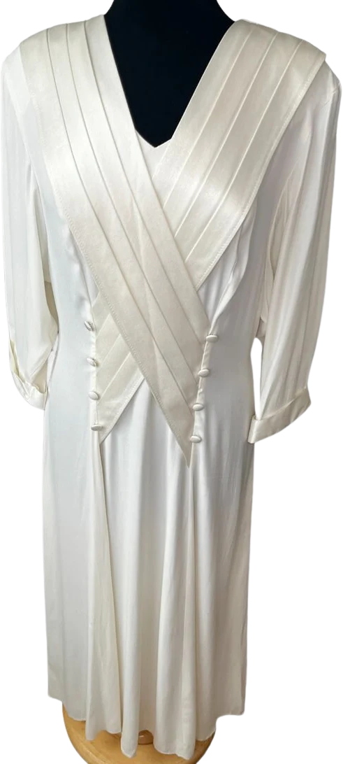 Vintage 80s White Long Sleeve Crepe Dress Cottage Granny Large 14 by Nina Piccalino