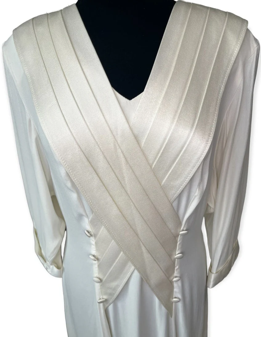 Vintage 80s White Long Sleeve Crepe Dress Cottage Granny Large 14 by Nina Piccalino - Image 3