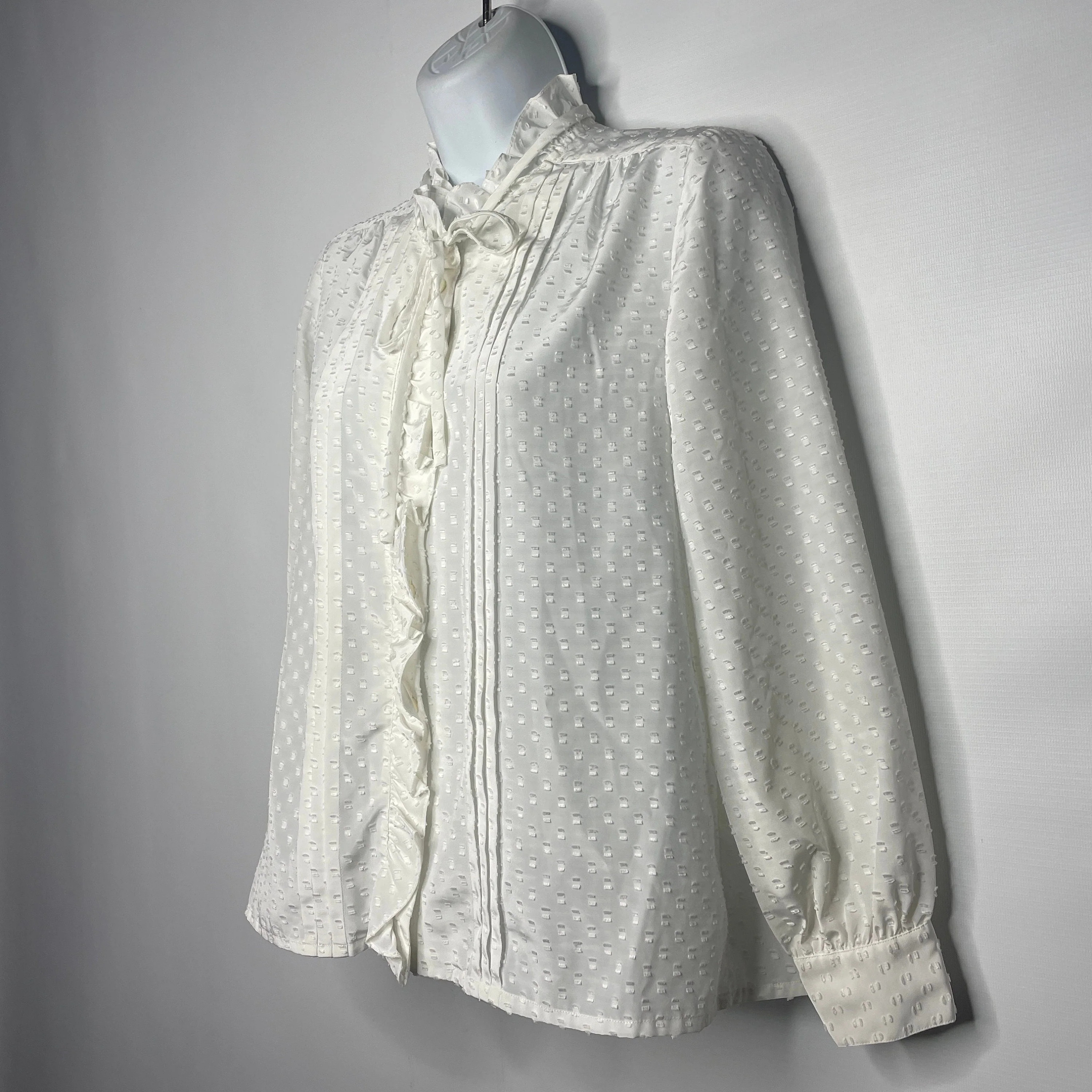 Vintage 80s White Textured Satin Ruffled Pleated Secretary Blouse Top Size M by Evanna - Image 4