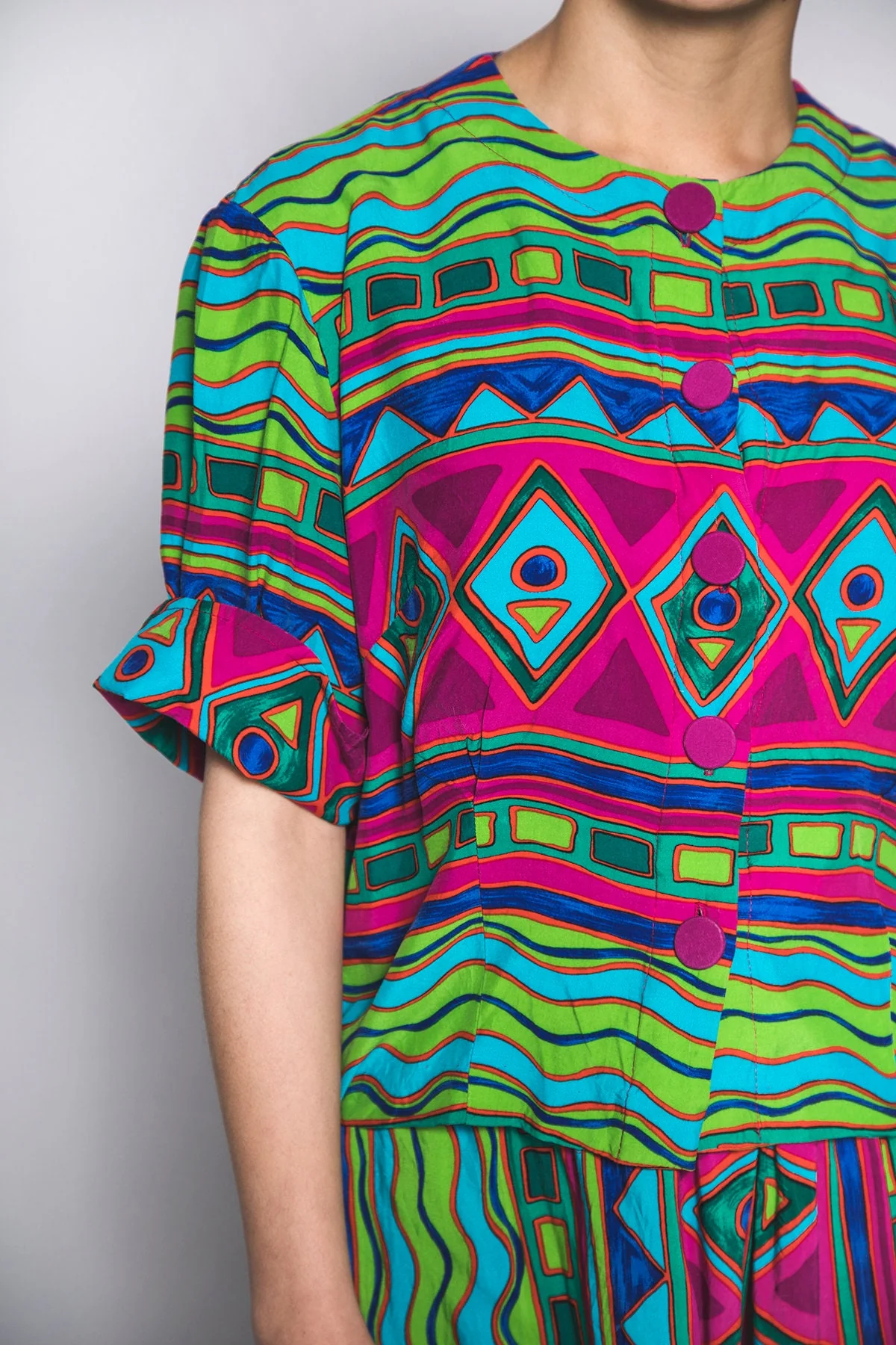Vintage 80s Wild Geometric Print Blouse and Pants Set Wide Leg Palazzo Rayon Pants and Button Up Blouse Large - Image 6