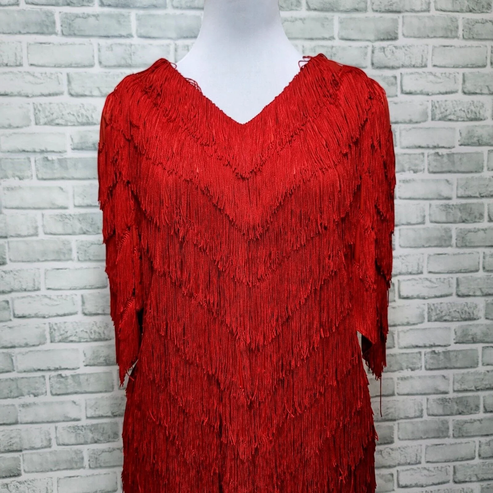 80s/70s Red Layered Fringe Flapper Gatsby Dress Stage By Nightworks - Image 3
