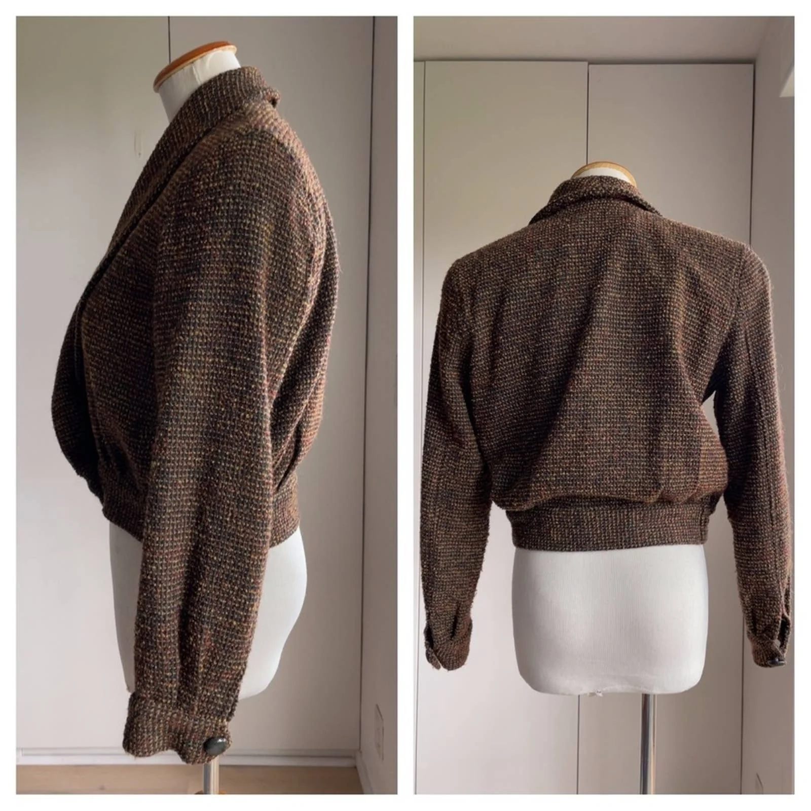 Vintage 80s Wool Cropped Tweed Blazer Browns Fall Structured Made Usa Tailored by Gianni - Image 2