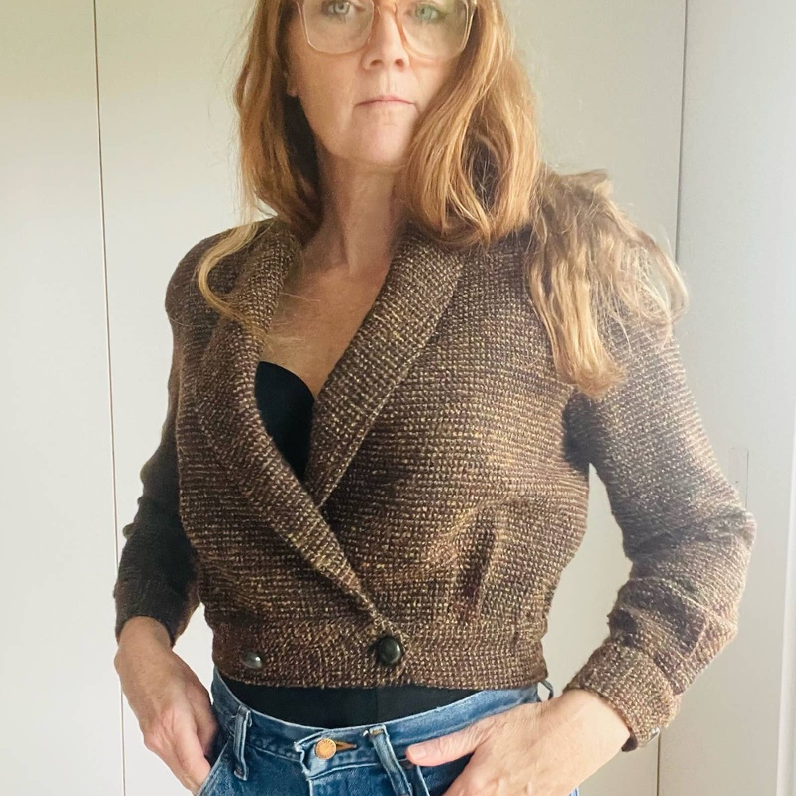 Vintage 80s Wool Cropped Tweed Blazer Browns Fall Structured Made Usa Tailored by Gianni - Image 4